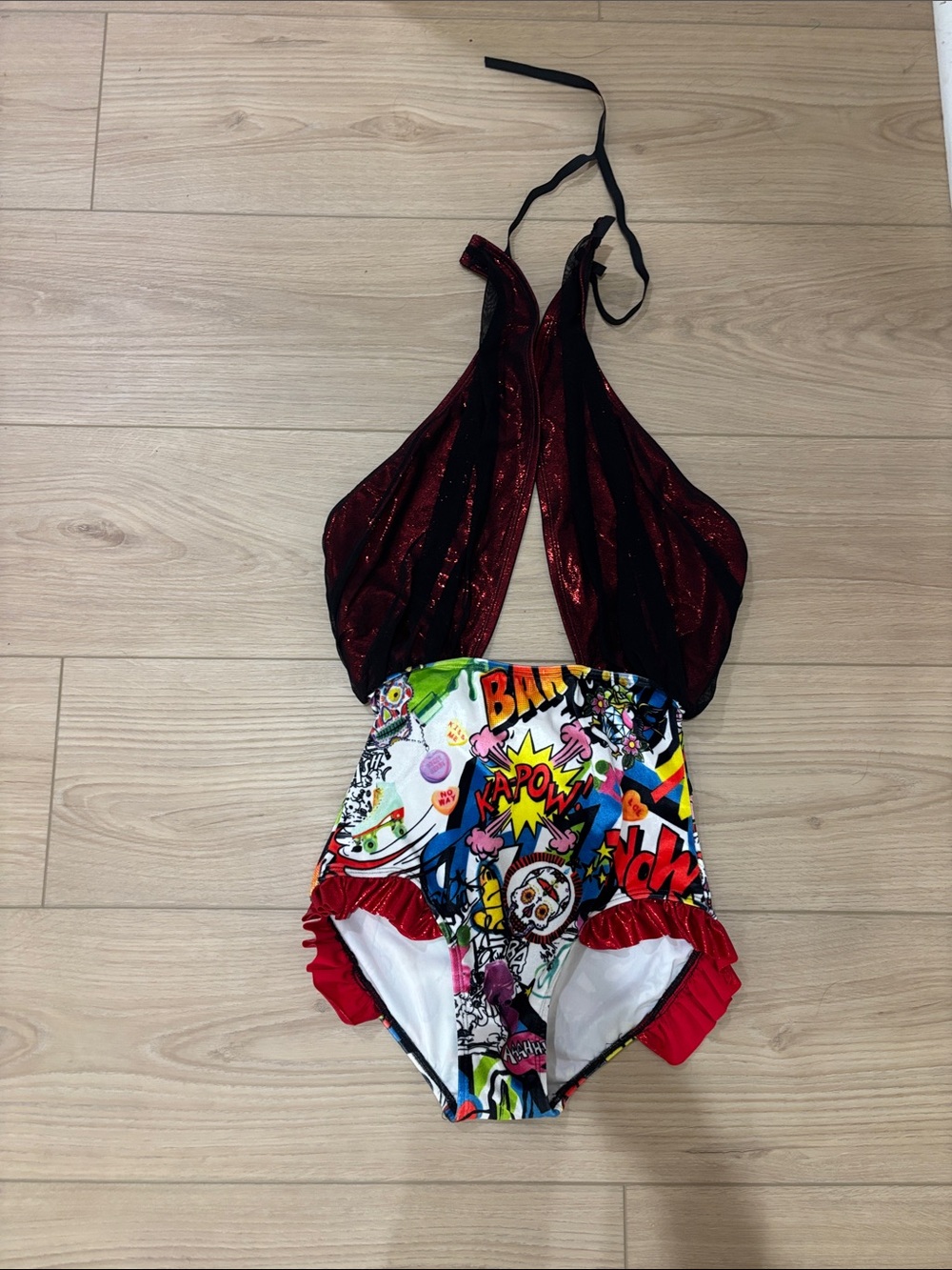 Adult XL custom leotard Red Halter One-Piece with Comic-Print Bottom